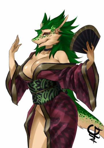 absurd_res anthro asian_clothing big_breasts breasts cleavage clothed clothing digital_media_(artwork) east_asian_clothing female fern_(kahaku) fluffy folding_fan fur green_body green_fur hi_res japanese_clothing kimono looking_at_viewer mammal mangonese_(artist) sergal smile solo // 2480x3507 // 573.8KB