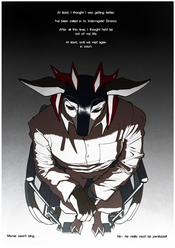 2020 animal_humanoid anthro antlers cervid clothed clothing comic dialogue digital_media_(artwork) disability english_text grimart handcuffs horn humanoid long_sleeves male mammal narrowed_eyes red_horn shackles shirt simple_background sitting solo straxus text topwear wheelchair // 620x877 // 311.0KB