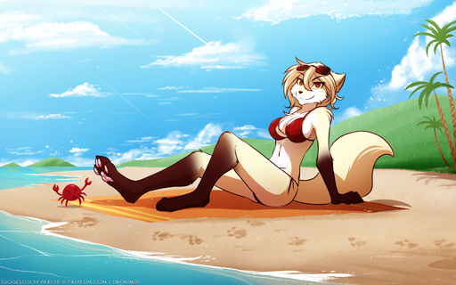 16:10 2018 ambient_arthropod ambient_crustacean ambient_sealife anthro arthropod beach bikini biped breasts brown_body brown_fur canid canine canis chest_tuft cleavage clothed clothing clovis_(twokinds) conditional_dnp crab crossgender crustacean decapoda detailed_background digitigrade eyewear female feral footprint fox fur gloves_(marking) hi_res hybrid imminent_pain keidran leaning leaning_back leg_markings looking_at_viewer lounging malacostracan mammal marine markings midriff mtf_crossgender multicolored_body multicolored_fur outside pawpads pink_pawpads red_eyes roberto_(twokinds) seaside side_view sitting skimpy smile smirk socks_(marking) solo sunglasses swimwear tan_body tan_fur text tom_fischbach tuft twokinds url water webcomic webcomic_character white_body white_fur widescreen wolf yellow_sclera // 1920x1200 // 2.3MB