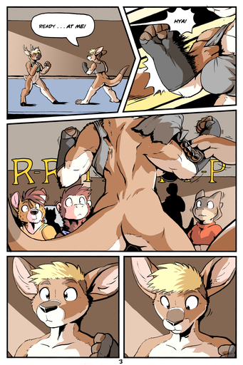 2016 adrian_gray anthro antlers assisted_exposure blonde_hair bottomless breasts casual_exposure cervid clothed clothing comic dialogue dojo english_text featureless_crotch feet female fight fur hair hi_res hooves horn inside kangaroo macropod male mammal marsupial martial_arts mostly_nude muscular muscular_female open_mouth plantigrade pouch_(anatomy) rick_griffin shirt short_hair speech_bubble spread_legs spreading tan_body tan_fur tank_top text topwear torn_clothing wardrobe_malfunction // 876x1317 // 884.8KB