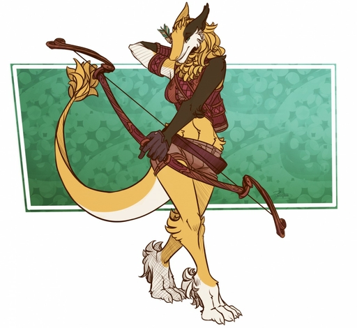 abstract_background adrestia_corin anthro arrow black_body black_fur bottomwear bow_(weapon) clothing crop_top female fur hand_behind_head holding_object holding_weapon mammal quiver ranged_weapon sergal shirt shorts solo tanks_(artist) topwear weapon yellow_body yellow_fur // 1280x1176 // 221.5KB