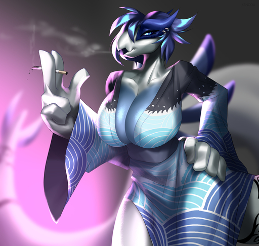 2019 anthro asian_clothing big_breasts big_hands blue_eyes breasts cigarette clothed clothing east_asian_clothing female fully_clothed hi_res japanese_clothing kimono legendary_pokemon looking_at_viewer lugia nintendo piercing pokemon pokemon_(species) scylia smoke smoking solo tattoo video_games xenoda // 1300x1235 // 1.2MB