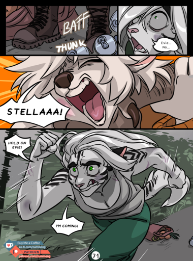 2019 5_fingers anthro breasts brown_nose clothed clothing comic digital_media_(artwork) domestic_cat english_text estella_(zummeng) evie_(zummeng) eyes_closed felid feline felis female fingers green_eyes hair hi_res mammal open_mouth pantherine teeth text tiger tongue white_hair zummeng // 1189x1600 // 1.1MB
