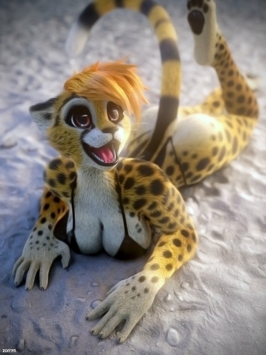 3d_(artwork) anthro bent_leg big_breasts big_eyes bikini biped breasts butt cheetah cleavage clothed clothing detailed digital_media_(artwork) eyelashes felid feline female fur fur_markings hair happy hi_res looking_up lying mammal markings micro_bikini mirall on_front on_ground open_mouth open_smile orange_hair outside pawpads sand small_waist smile solo spots spotted_body spotted_fur swimwear tongue whiskers zorryn // 1200x1600 // 217.9KB