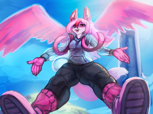 anthro bottomwear canid clothing day digital_media_(artwork) feathered_wings feathers female footwear general-irrelevant hoodie mammal nazuna_hiwatashi open_mouth outside pants pink_body pink_eyes shoes smile solo spread_wings topwear wings // 1440x1080 // 713.1KB
