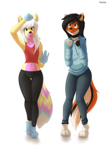 4_toes absurd_res ambiguous_gender anthro barefoot belly black_hair bottomwear brown_eyes canid canine chest_tuft clothed clothing digital_media_(artwork) digitigrade duo fangs feet fox front_view fur girly gloves_(marking) green_eyes hair hi_res hoodie kyrl leg_markings long_hair looking_at_viewer male mammal marblesoda markings midriff navel open_mouth orange_body pants pink_belly shirt shoulder_tuft simple_background small_waist smile socks_(marking) tank_top thigh_gap toes topwear tuft walking white_background white_hair wide_hips yellow_body yellow_fur yoga_pants // 3000x4061 // 4.7MB