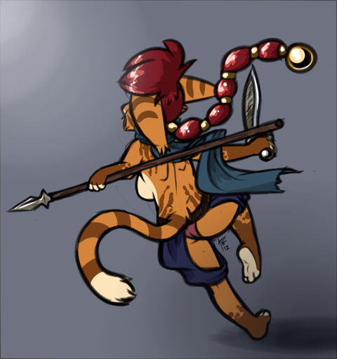 2012 anthro breasts butt female genet hair holding_object holding_sword holding_weapon janet_(disambiguation) mammal melee_weapon paws plantigrade polearm rear_view red_hair side_boob siroc solo spear sword viverrid weapon // 920x982 // 482.8KB