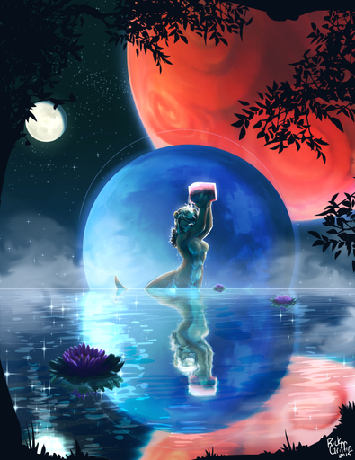 2015 anthro bathing breasts digital_media_(artwork) female flower hair lutrine mammal moon mustelid night nude outside partially_submerged plant reflection rick_griffin solo water water_lily // 634x821 // 569.6KB