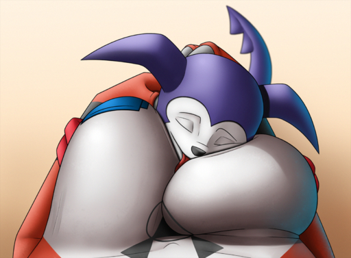 anthro big_breasts breasts claws cleavage clothed clothing creatiffy digimon_(species) digital_media_(artwork) duo female guilmon hi_res huge_breasts humanoid impmon male malefemale markings motorboating pasties scalie simple_background video_games // 1631x1200 // 3.4MB