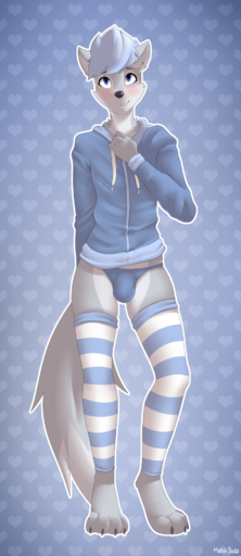 anthro biped blue_eyes brown_body brown_fur bulge canid canine canis clothed clothing digital_media_(artwork) domestic_dog fur girly hair hi_res legwear male mammal marblesoda panties purple_hair simple_background solo standing stockings sweater topwear underwear // 832x1920 // 1.3MB