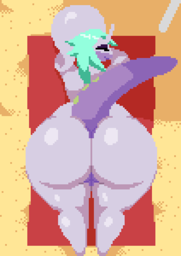 animated annoyed anthro ball beach beach_ball big_butt butt butt_jiggle digital_media_(artwork) eyes_closed female goodra green_eyes green_hair hair huge_butt inflatable jiggling loop lying nude on_front pixel_(artwork) pixel_animation pokemon_(species) purple_body sand seaside short_playtime smile solo spinneborg thick_thighs towel video_games // 636x900 // 307.4KB