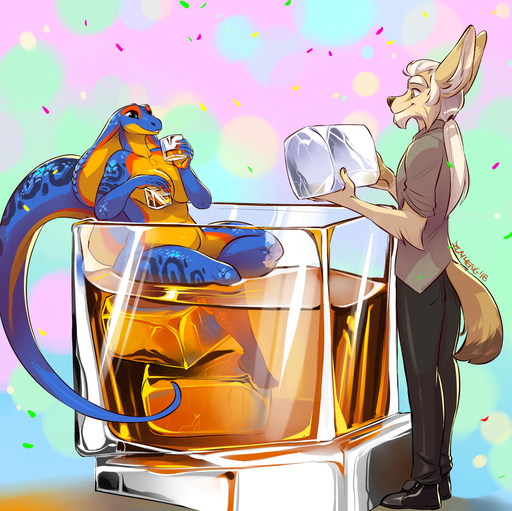 2018 5_fingers alcohol anthro beverage black_nose blue_body blue_eyes blue_scales canid canine clothed clothing cobra container curvy_figure duo female fennec fingers fox hair hi_res in_container in_glass male mammal nude reptile scales scalie shen_(zummeng) simple_background sitting smile snake voluptuous vulpes white_hair zaphira_(zummeng) zummeng // 1600x1598 // 1.5MB