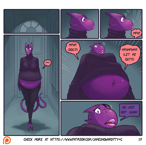 2016 anthro belly belly_expansion big_belly biped blush clothing comic dialogue digital_media_(artwork) dragon english_text expansion female gynomorph_(lore) inflation james_howard linda_(james_howard) midriff navel outie_navel purple_body purple_skin scalie solo speech_bubble sweater text topwear unseen_character url vore watermark // 911x905 // 453.0KB