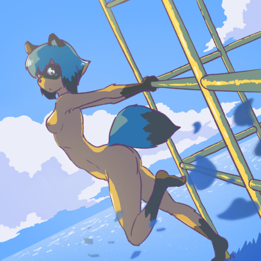 anthro black_hair blue_hair blue_tail brand_new_animal breasts butt canid canine cloudscape dipstick_tail female gloves_(marking) hair jungle_gym leg_markings looking_at_viewer mammal markings michiru_kagemori multicolored_tail nipples nude outside powerofsin public_nudity raccoon_dog short_hair side_view sky socks_(marking) solo stretching studio_trigger // 800x800 // 390.2KB