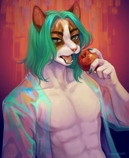 2021 absurd_res anthro apple clothed clothing digital_media_(artwork) domestic_cat felid feline felis food fruit green_eyes green_hair hair hi_res holding_apple holding_food holding_fruit holding_object looking_at_viewer male mammal open_clothing open_mouth open_topwear plant romarom shaded solo teeth topwear translucent translucent_clothing translucent_topwear // 2452x3000 // 445.3KB