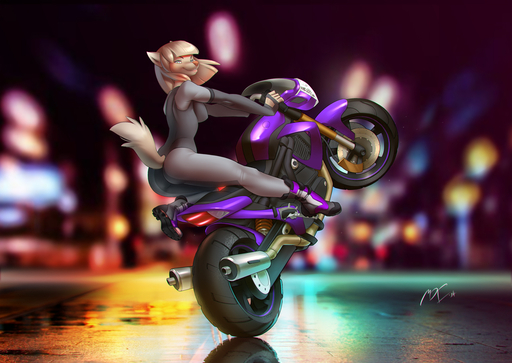 2014 anthro biped blonde_hair bodysuit canid canine clothed clothing female footwear fox hair mammal miles_df motorcycle night shoes skinsuit solo tight_clothing vehicle // 1280x907 // 582.2KB