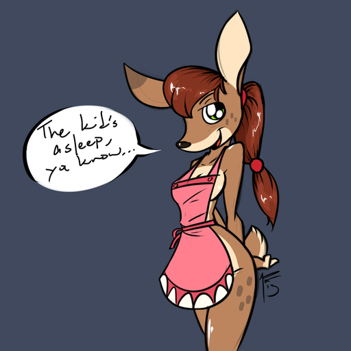 1:1 2013 anthro apron apron_only breasts brown_hair cervid cleavage clothed clothing english_text female green_eyes hair mammal mature_anthro mature_female mostly_nude ponytail siroc solo text // 1100x1100 // 338.2KB
