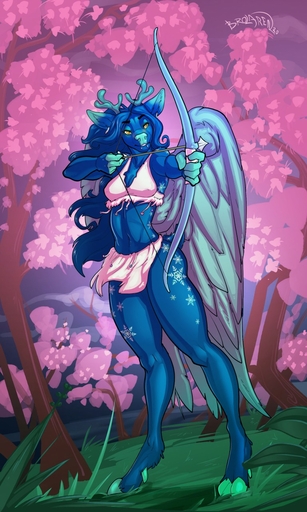 2020 3:5 anthro blue_body blue_fur blue_hair brolaren cervid day detailed_background digital_media_(artwork) feathered_wings feathers female forest fur grass hair hi_res holding_object holding_weapon mammal outside plant tree weapon wings // 768x1280 // 236.1KB
