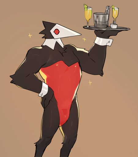 2021 anthro bebebebebe beverage black_body black_feathers clothing darkner feathers hand_on_hip leotard male red_eyes simple_background solo sparkles sparkling_character standing swatchling tan_background video_games waiter white_face // 1048x1191 // 300.5KB