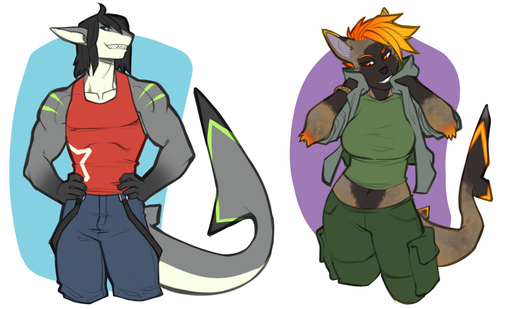 anthro canid canine clothed clothing duo faint female fish hybrid looking_at_viewer male mammal marine muscular shark smile standing teeth // 1000x604 // 298KB