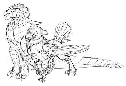2011 avian beak blush claws conditional_dnp dragon drall duo feathered_wings feathers female feral feral_on_feral gryphon hindpaw horn male monochrome mr._gryphon mythological_avian paws scales scalie sefeiren simple_background sketch spiked_tail spikes spikes_(anatomy) tail_feathers white_background wings // 726x499 // 134.7KB
