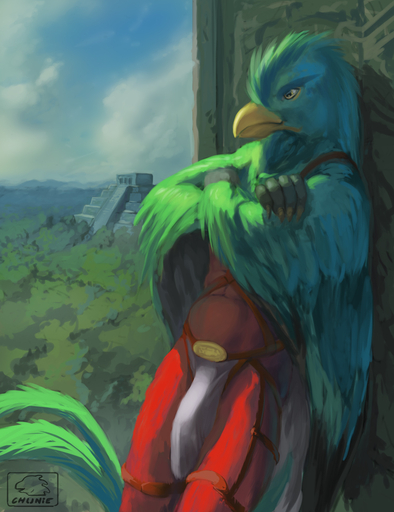 2016 abs anthro athletic athletic_anthro athletic_male avian beak bird bottomwear bulge chunie claws clothed clothing cloud crossed_arms detailed_background digital_media_(artwork) feathered_wings feathers hi_res loincloth male outside quetzal sky solo standing temple topless trogonid winged_arms wings // 984x1280 // 356.8KB
