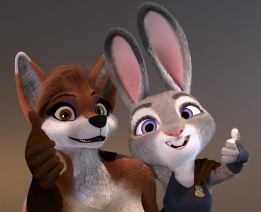 3d_(artwork) anthro armwear brown_background brown_eyes buckteeth canid canine clothing digital_media_(artwork) dipstick_ears disney duo fan_character female femalefemale fox fur gesture judy_hopps lagomorph leporid looking_at_viewer mammal multicolored_body multicolored_ears multicolored_fur open_mouth open_smile police_uniform pose purple_eyes rabbit ruaidri simple_background smile teeth thumbs_up titord two_tone_body two_tone_fur uniform zootopia // 1280x1040 // 2.0MB