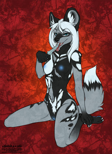 5_fingers african_wild_dog alishka anthro black_nose blue_eyes blue_nipples blue_pussy breasts canine enya_(littlemutt) female fur grey_fur hair holding_object holding_weapon kneeling knife mammal nipples nude pussy smile solo weapon white_hair // 936x1280 // 1.5MB