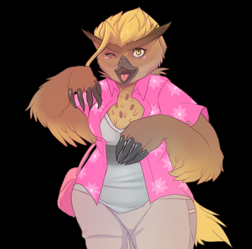 2017 alpha_channel anthro avian beak blonde_hair blush bottomwear breasts claws clothing corablue feathers female hair handbag hi_res hybrid non-mammal_breasts one_eye_closed open_mouth owlbear pants shirt simple_background smile solo topwear transparent_background wide_hips yellow_eyes zowlie // 1650x1635 // 1.1MB