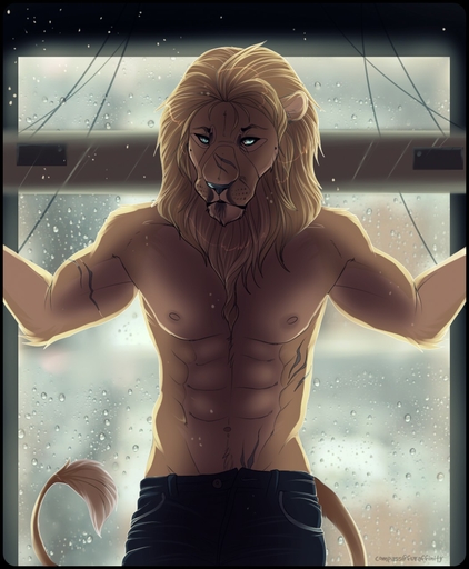 abs anthro clothed clothing compass_(artist) felid fur hair hi_res lion looking_at_viewer male mammal mane muscular muscular_anthro muscular_male pantherine scar solo topless // 1054x1280 // 204.0KB