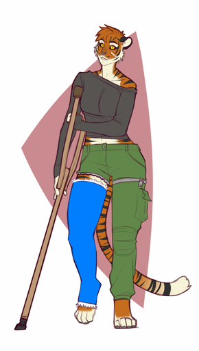 anthro band-aid bandage cast crutch faint felid female fur hair leg_cast looking_at_viewer mammal medical_instrument pantherine scientific_instrument solo standing tiger // 566x1000 // 188.3KB
