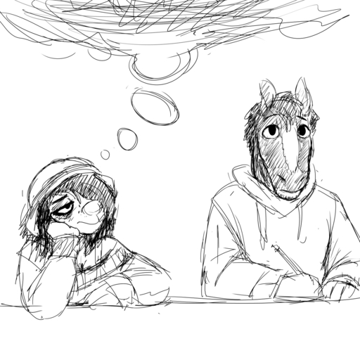 1:1 anthro black_and_white canid canine canis clothing domestic_dog duo equid equine female frown hair hi_res hladilnik hoodie horse male mammal michelle_(hladilnik) monochrome pencil_(object) sketch thought_bubble topwear will_(hladilnik) zebra // 1280x1280 // 774.5KB