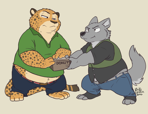 2016 anthro barefoot benjamin_clawhauser biped box canid canine canis cheetah clothing container crossover dessert digital_media_(artwork) doughnut duo feet felid feline food fur male mammal obese other_daryl_(housepets!) overweight rick_griffin simple_background spots spotted_body spotted_fur webcomic webcomic_character wolf // 770x595 // 239.9KB