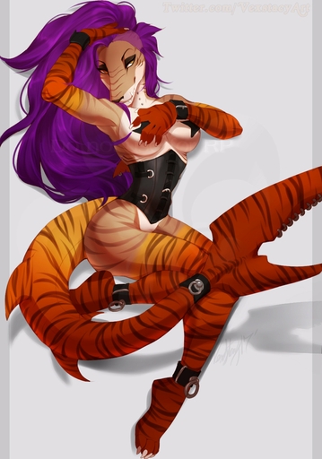 absurd_res anthro breasts clothing corset female fish hair hi_res lingerie looking_at_viewer marine mostly_nude non-mammal_breasts pasties shark solo teeth tigger_(vexstacy) topwear vexstacy wide_hips wristband // 2802x4000 // 723.2KB