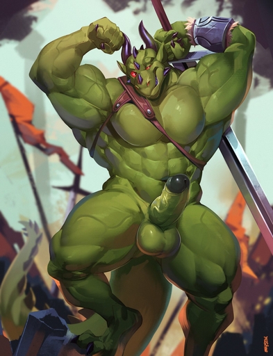 2019 5_fingers abs anthro armband balls biceps big_balls big_biceps big_muscles black_claws black_glans claws digital_media_(artwork) dragon erection fingers fist flag flexing genitals glans green_balls green_body green_penis hi_res holding_object holding_sword holding_weapon horn huge_muscles humanoid_genitalia humanoid_penis male melee_weapon muscular muscular_anthro muscular_male mystikfox61 navel non-mammal_balls nude obliques outside pecs penis pupils red_sclera reptile scalie sharp_claws slit_pupils smile smirk solo standing step_pose sword teeth triceps varanis_blackclaw vein veiny_muscles veiny_penis weapon // 1150x1500 // 188.9KB