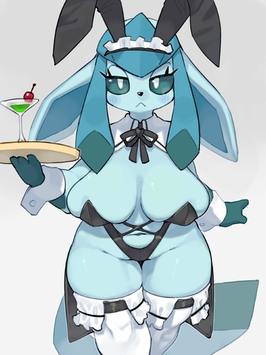 absurd_res anthro beverage big_breasts blue_body breasts cleavage clothed clothing eeveelution female glaceon hi_res kame_3 maid_uniform nintendo platter pokemon pokemon_(species) skimpy solo uniform video_games // 2048x2732 // 335.3KB
