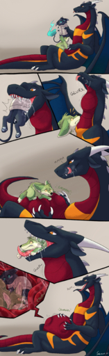 absurd_res ambiguous_gender bodily_fluids bulge bunsen canid canine claws comic dragon duo feet fennec feral fox hi_res hindpaw internal jam_(character) jamkitsune kit mammal messy oral paws saliva scalie size_difference teeth toe_claws toes tongue tongue_out vore vulpes western_dragon wings // 1647x5358 // 9.3MB