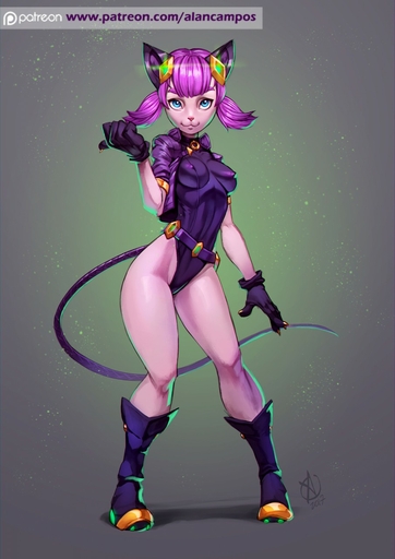 2017 alanscampos anthro belt blue_eyes boots breasts clothed clothing domestic_cat erect_nipples felid feline felis female footwear gloves hair handwear hi_res jewelry looking_at_viewer mammal nipples purple_hair simple_background solo // 905x1280 // 147KB