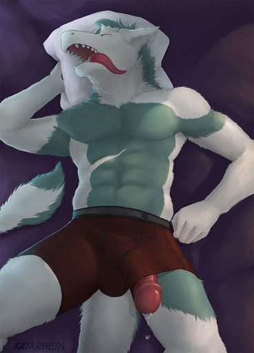 5_fingers abs anthro athlete bed bodily_fluids boxer_briefs bulge clothed clothing detailed eyes_closed fingers front_view fur furniture genital_fluids genitals green_body green_fur hair half-erect hi_res high-angle_view humanoid_genitalia humanoid_penis katarhein lying male on_back open_mouth penis penis_through_leghole pillow poking_out precum sergal short_hair simple_background sleeping solo teal_hair teeth tongue tongue_out topless underwear white_body white_fur // 919x1280 // 870.9KB