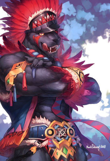 abs anthro black_body black_fur clothing fangs feathers felid fur grin headdress hi_res kakula looking_at_viewer male mammal muscular muscular_anthro muscular_male null-ghost pantherine smile solo tongue tongue_out // 822x1200 // 597.7KB