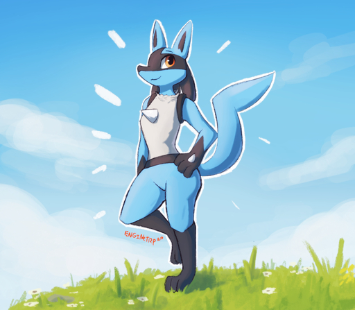 2020 ambiguous_gender anthro black_body blue_body clothed clothing detailed_background enginetrap flower grass hand_on_hip hi_res lucario nintendo outside partially_clothed plant pokemon pokemon_(species) signature sky smile solo standing text video_games // 1987x1735 // 2.2MB