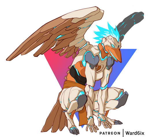 2019 anthro avian biped blue_eyes cybernetics digital_media_(artwork) digitigrade empty_eyes faint female fingers glowing glowing_eyes humanoid_hands machine multicolored_body pose simple_background solo white_background wings // 1000x925 // 455KB