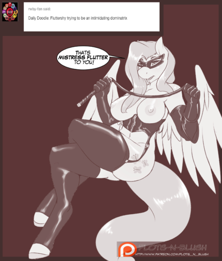 2015 anthro anthrofied areola armwear avante92 big_breasts breasts clothing cutie_mark dialogue dominatrix elbow_gloves english_text equid equine feathered_wings feathers female fluttershy_(mlp) gloves handwear hi_res horse legwear mammal mask nipples pegasus solo text thigh_highs user_avatar whip wings // 1597x1878 // 779.8KB