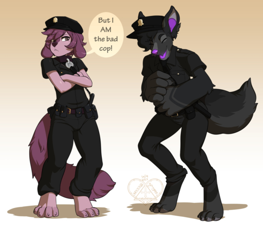 5_fingers anthro big_hands black_hair canid canine canis crossed_arms digitigrade domestic_dog duo female fingers hair jackal kittydee male mammal purple_hair simple_background smile standing // 1280x1112 // 447KB