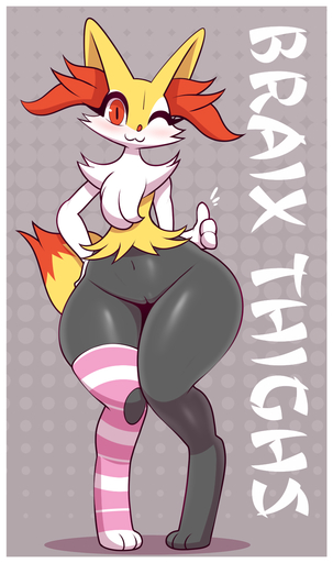 2022 :3 anthro blush border braixen canid canine chest_tuft clothing english_text female footwear fox genitals gesture hi_res legwear legwear_only looking_at_viewer mammal mostly_nude navel one_eye_closed pokemon_(species) pussy r-mk socks solo stockings stockings_only text thick_thighs thumbs_up tuft video_games white_border wide_hips // 810x1367 // 323.2KB