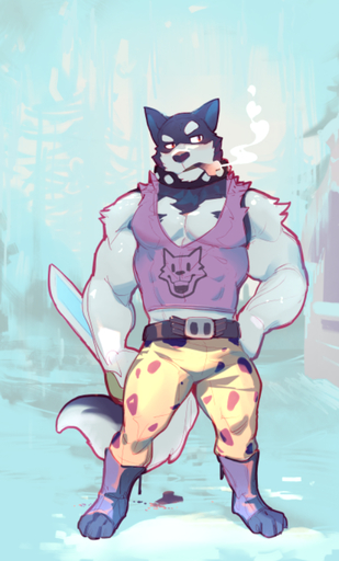 2017 animal_print anthro biceps canid canine canis cheetah_print clothed clothing doggo_(undertale) domestic_dog male mammal muscular muscular_anthro muscular_male null-ghost pecs shirt simple_background solo tank_top topwear video_games // 520x863 // 547.3KB