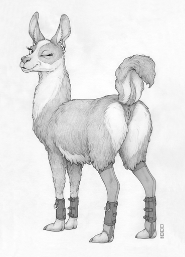 <3 anus butt camelid ear_piercing ear_ring ecmajor eyelashes female feral fur genitals hi_res hooves llama looking_at_viewer looking_back mammal monochrome one_eye_closed piercing pussy quadruped raised_tail rear_view short_tail simple_background smile solo standing tattoo white_background wink // 1149x1593 // 1.4MB