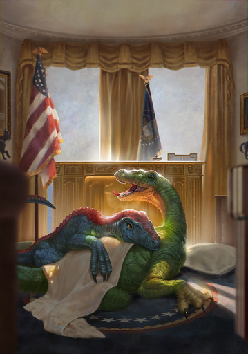 amber_eyes ambiguous_gender bedding blanket carpet claws conditional_dnp cuddling curtains curtains_open desk dinosaur duo feral flag furniture hi_res latex_(artist) office open_mouth reptile scalie stars_and_stripes teeth tongue united_states_of_america white_house // 911x1300 // 723.9KB