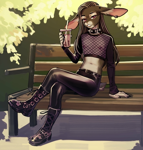 absurd_res anthro areola bench beverage black_boots black_bottomwear black_clothing black_collar black_footwear black_hair black_pants black_topwear boots bottomwear bubble_tea clothing collar digital_media_(artwork) ear_piercing footwear hair hi_res holding_beverage holding_object inner_ear_fluff lagomorph leaf leather leather_bottomwear leather_clothing leather_pants leporid looking_at_viewer male mammal midriff multicolored_hair navel nipples outside pants piercing pink_areola pink_eyes pink_inner_ear pink_nipples rabbit reilion romarom shaded sitting solo spiked_collar spikes topwear translucent translucent_clothing translucent_topwear tuft two_tone_hair white_hair // 2748x2880 // 647.4KB