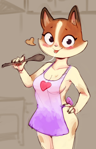 2020 <3 anthro apron apron_only blush bodily_fluids clothing dbaru domestic_cat felid feline felis female here's_the_plan kat_(here's_the_plan) mammal mostly_nude saliva saliva_string solo tongue tongue_out // 517x799 // 286.5KB